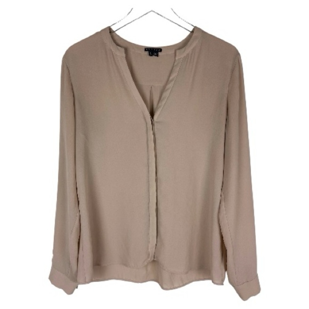 Theory blush nude sheer collarless concealed button down blouse